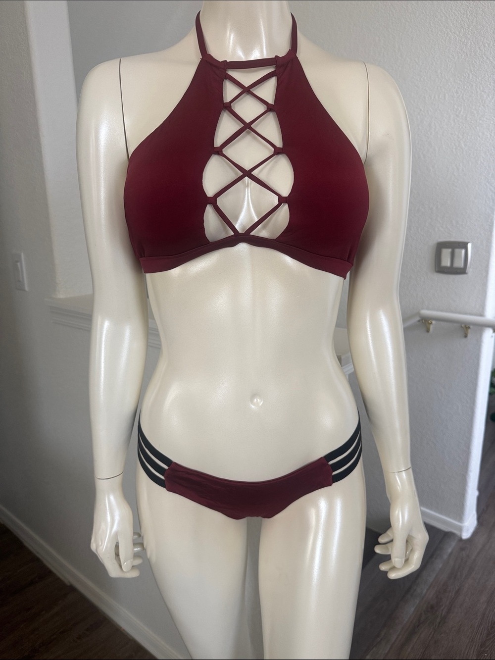Beach Bunny Burgundy Crisscross Halter Bikini
